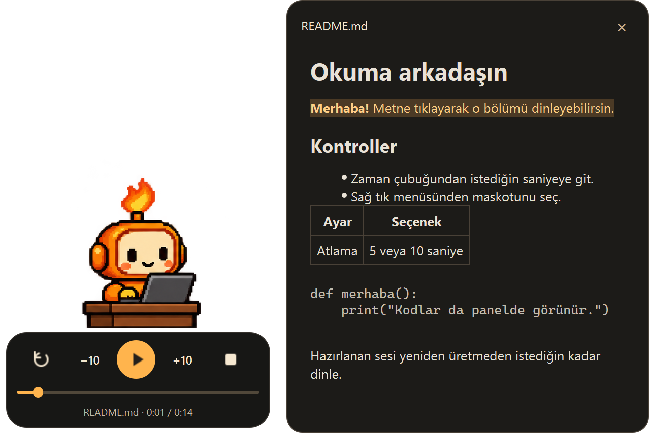Gerçek uygulamada Kıvılcım maskotu, zaman çubuğu ve okunan bölümü vurgulanan Markdown paneli